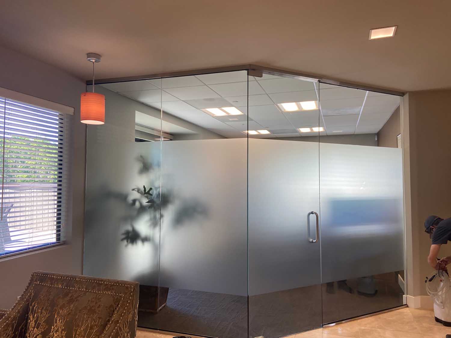Before & After: Privacy Window Film for a Alamo, CA Office, installed by ClimatePro. Get a free estimate for your San Francisco Bay Area workplace.