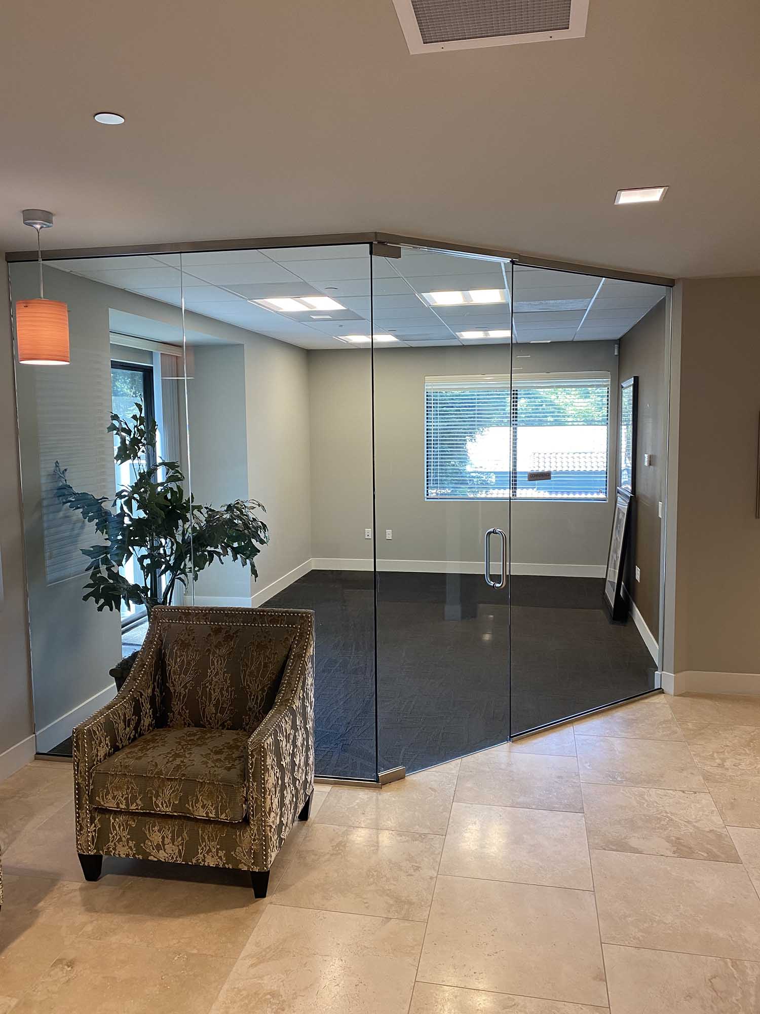 Before & After: Privacy Window Film for a Alamo, CA Office, installed by ClimatePro. Get a free estimate for your San Francisco Bay Area workplace.