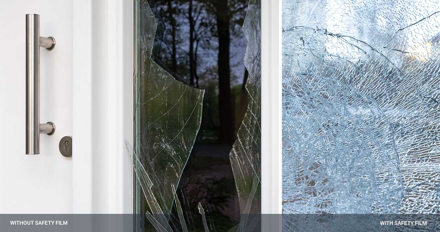 Security window film holds glass in place after impact.