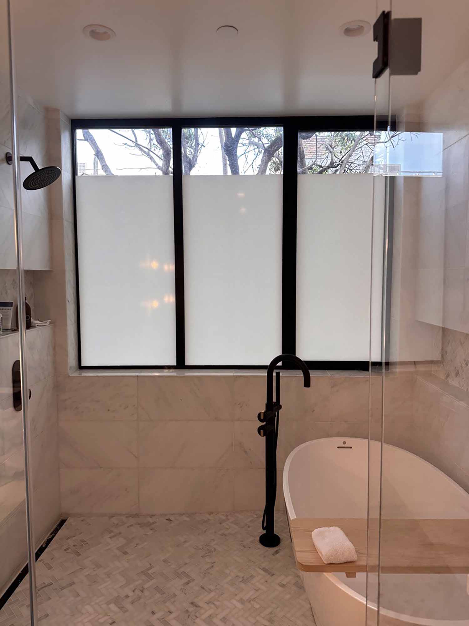 5 Bathrooms Transformed with 3M Privacy and Sun Control Window Film. Installed by ClimatePro in the San Francisco Bay Area.