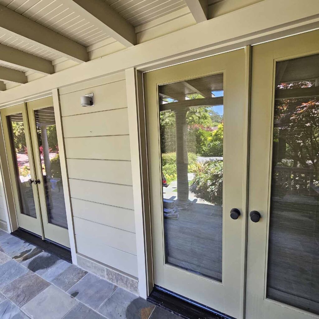 Exterior window film installed on French doors in a Ross, CA home—cutting heat and glare without changing the view.