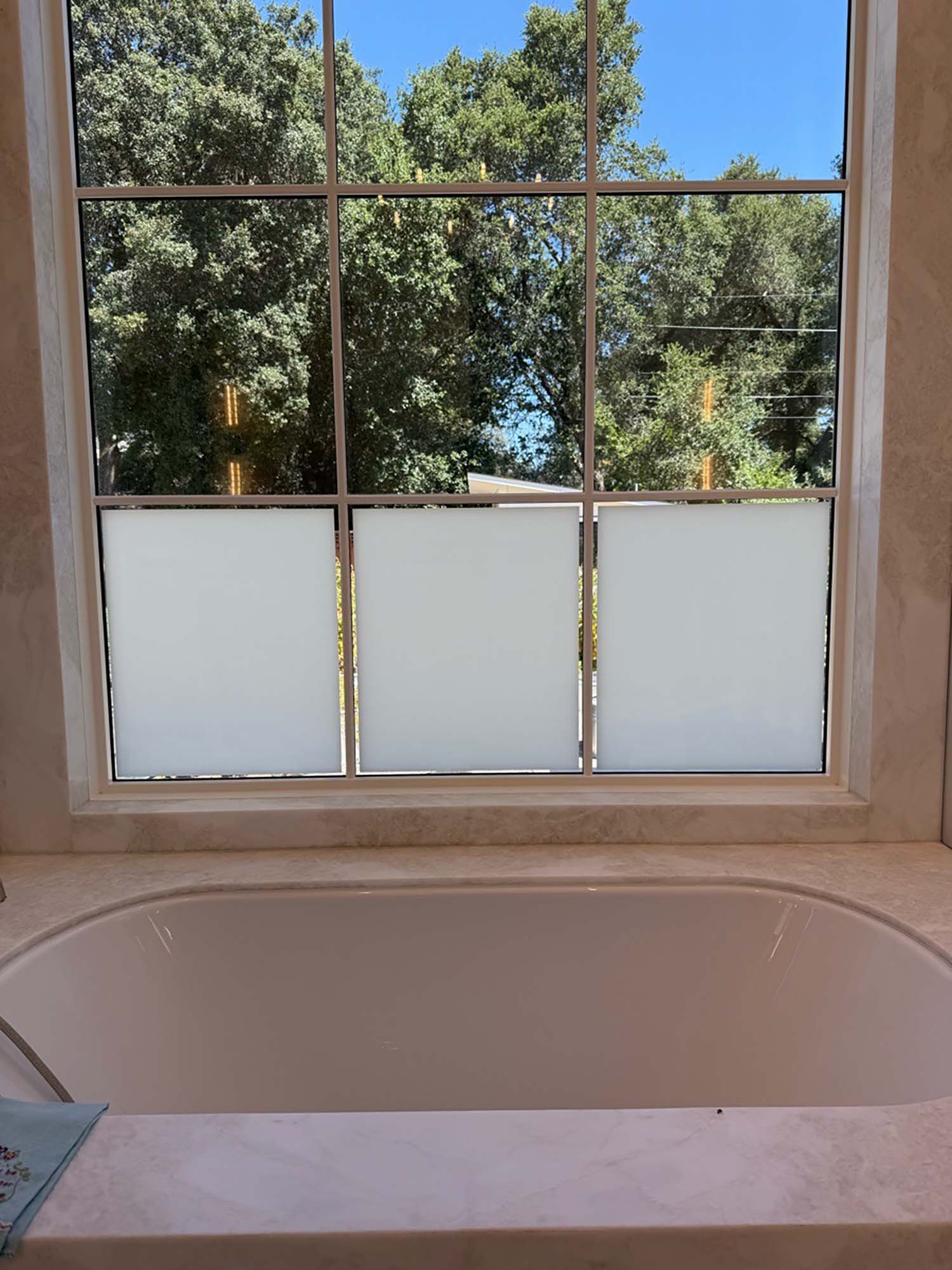 Our team knows how to use 3M Frosted Window Film strategically, as seen in the bathroom in Healdsburg, CA, featured in this post. 