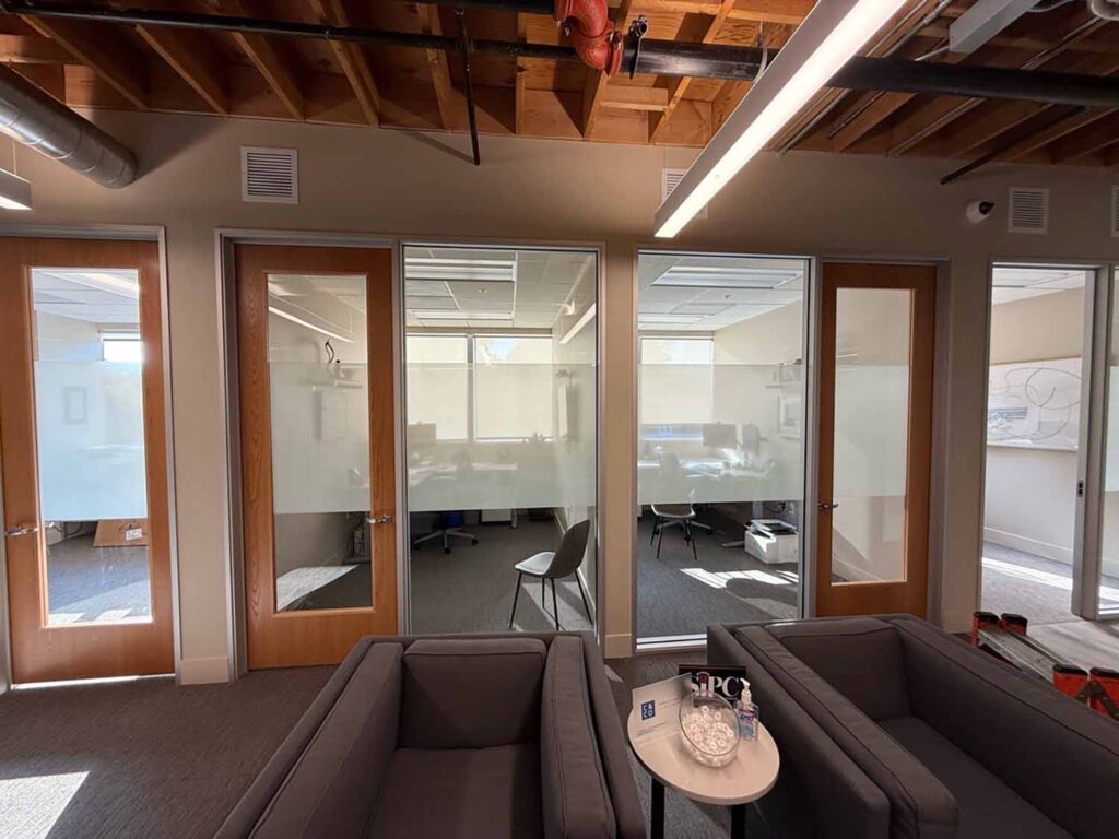 Another view of the custom-made frosted window film installed in a Menlo Park, CA office space by ClimatePro