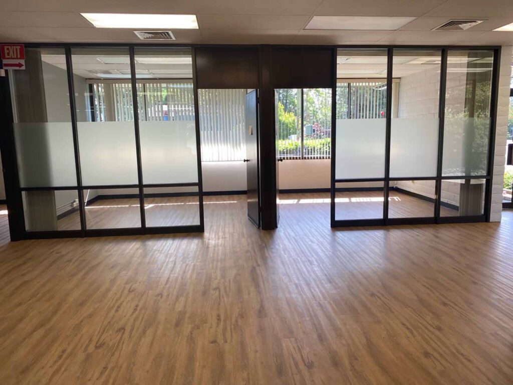 Sunlight still streams into this office in Napa, CA, even with the frosted window film installed.